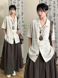 Vestidos de trabajo Moda Vintage Conjuntos a juego Botón de costura Cardigan Blusas Cintura alta Faldas largas Verano Estilo chino Y2k 2000s Mujeres