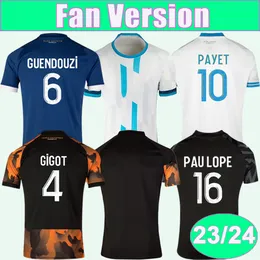 23 24 Guendouzi Payet Mens Soccer Jerseys Vitinha Balerdi Gigot Mbemba Toure Gueye Dieng Pau Lopez Home Away GK Training Wear E-Sports Version Fotbollströjor