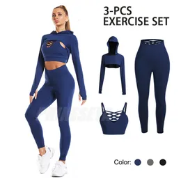 Lu Align Woman Sets Women Naked Seamless Sport Outfits Suit Sexy Fitness Running Lift Hips High Waist Pants Long Sleeve Top With Cap 3PcsSet Jogger Lemon Lady Gry Sport