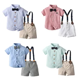 Bow Tie Baby Barnkläderuppsättningar Skjortor Shorts Randiga Cardigan Boys Toddlers Kort ärm Tshirts Strap Pants Suits Summer Youth Children Kläder Size 70-160cm