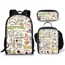 Väskor 3st Student School Bag Set Cartoon Medical Nurse Tryckt pojkar flickor barn ryggsäck lunchpåse blyerts väska tonåring avslappnad ryggsäck