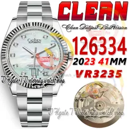 Super Edition Ebernity Hombre: Clean CF tarihi 41mm otomatik mens, İnci Kabuğu Kadranı, Moissanit Elmas Markerlar, 904L OYS