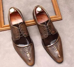 Italy Dress Business Men Alligator Bright Leather Handmade Party Wedding Genuine Leather Fashion Casual Loafers Shoes Lace-up Formal Office Shoes 93494