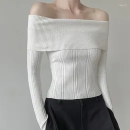 Suéteres femininos heliar mulheres fora do ombro sexy pullovers malha sólida magro suéter plissado escritório elegante tops para 2024 primavera verão