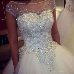 Luxury Crystal Ball Gown Wedding Dresses Scoop Sheer Neck Cap Sleeves Beaded Chapel Train 2019 Custom Made Wedding Bridal Gown232x