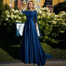 Elegantes marineblaues Spitzenkleid für die Brautmutter, U-Ausschnitt, halbe Ärmel, Schleife, Gürtel, Satin, A-Linie, Hochzeitsfeier, Bräutigam, formelle Partykleider