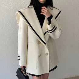 Warm and loose large pocket sailor comparison double chest long sleeved wool jacket women's clothing 2024 autumn/winter jacket 240123