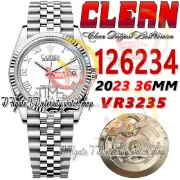 Super Edition Eternitywatches Clean CF 126234 VR3235 Automatiskt rostfritt stål unisex klockor med 36 mm räfflad vit urtavla, romerska markörer, en