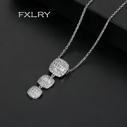 Necklaces FXLRY New arrival white color AAA Cubic Zirconia three Square Long Pendant Necklaces for Women Bridal Wedding Fashion Jewelry