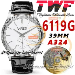 TWF Calatrava 6119G A324 Automatic Mens Watch 39mm Fluted Bezel White Dial Stick Markers Stainless Steel Case Leather Strap Super Edition Tr