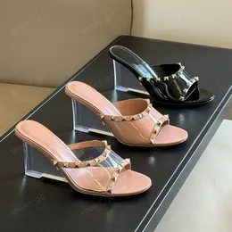 clear crystal Wedges Mule Slippers Bare paint leather Slides Sandals high-heeled slippers PVC high heels open toes slip-on slides for women luxury designer sandal