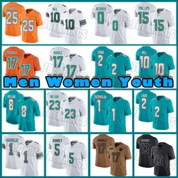 10 Tyreek Hill Tua Tagovailoa Camisa de futebol Jaylen Waddle Jalen Ramsey Braxton Berrios Dolphines Dan Marino Xavien Howard Eli Apple Jaelan Phillips Bradley Chubb