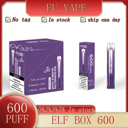 Original Elf Box 600 Puff Disposable E-cigarett har 2 ml VAPE 0/2/3/5% 450mAh Integrerat batteri Associated 10 smaker tillgängliga 600 puffar