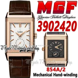 MGF ReveSo Tribute Duoface Watch Prosty 854a/2 Mechaniczne uzwojenie ręki podwójna strefa czasowa Różowe złoto z białym tarczą i skórzanym paskiem