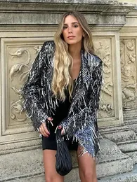Женская элегантная куртка с кисточками и серебряными пайетками, с длинными рукавами и лацканами, модный уличный наряд 2024 240123