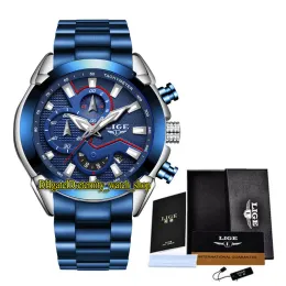 LIGE Eternity LG9869 Sport Rs Chrono Wheel Watch com data, mostrador azul, ponteiro prateado, movimento cronógrafo de quartzo Japão VK, luminoso dois T