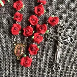 Necklaces Handmade red Soft Cerami Rose Beads Rosary Jesus Cross Necklace golden Virgin Guadalupe rosary center