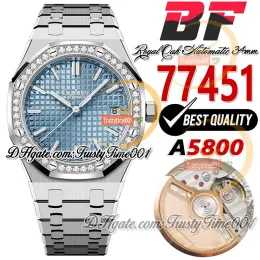 BFF 34mm 77451 A5800オートマチックレディースウォッチ50周年記念ダイヤモンドベゼルアイスブルーテクスチャダイヤルステンレスブレスレットスーパーエディションWレディースW