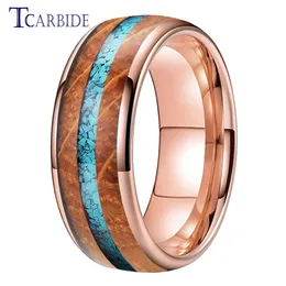 عصابات 8 ملم جديدة لحفل زفاف فرقة Tungsten Carbide Ring Whiskey Barrel Oak Wood و Fringquoise Onlay Fashion Gift Jewelry Comfort Fit