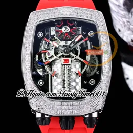 Pocket Watches gatti Chiron Tourbillon Autoamtic Mens Watch With 16 Cylinder Engine, Skeleton Dial, Iced Out Man Made Diamonds Inlay, Red Markers, Rubber