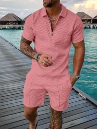 Herrspårdräkt Cotton Solid Color Short Sleeve Zipper Polo Shirt Shorts Set For Men Casual Streetwear 2-Piece Suit Summer 240123