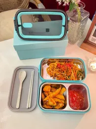 Bento box di design classico blu in acciaio inossidabile a doppio strato isolato per il pranzo, impiegato per ufficio, studente, bento box portatile, set di secchi per la cena a griglia divisa