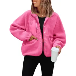 Outono e inverno novo casaco de lã polar feminina esportes casual colorido de cor de cor sólido casaco de bolso de pescoço de pé 240123