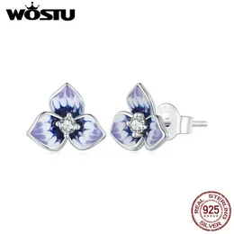 Ohrringe WOSTU 925 Sterling Silber Mini Stiefmütterchen Ohrringe Emaille Farbverlauf Lila Zirkon Blumen Ohrstecker für Frauen Party Geburtstagsgeschenk