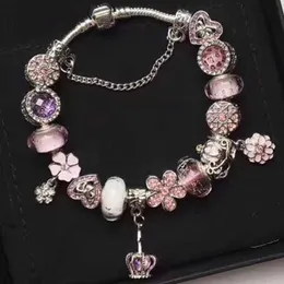 Mode 925 Sterling Silver Pink Murano Lampwork Glass Europeiska charm pärlor Fem kronblad Flower Crystal Crown Dingle Fits Armband Halsband B8 Eoy9