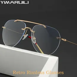 Yimaruili ultra hafif moda çift kiriş gözlükleri çerçeve retro alaşım optik reçeteli erkek ve kadın için kenarsız gözlük 1870 240118