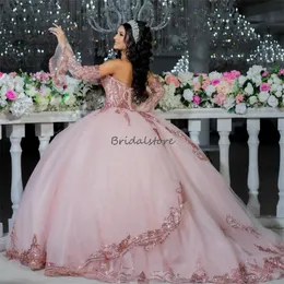 Glitter Pink Quinceanera -klänningar med ärmar Sweetheart Ball Gown Sequin Femton födelsedagsfestklänning Vestidos de xv 15 Anos 2024 Corset Princess Sweet 16 Dress