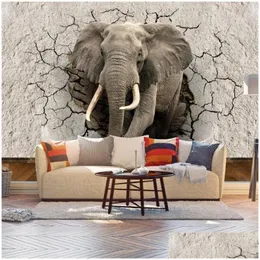 Bakgrunder Anpassad 3D PO TAPPETER Animal Elefant Broken Wall Mural vardagsrum sovrum vattentätt heminredning Drop Delivery Garden DHK51