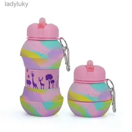 Gabbie per bottiglie d'acqua Bottiglia d'acqua creativa in silicone da 550 ml per bambini Ragazze Ragazzi Bottiglie d'acqua pieghevoli portatili gratuite BPA con cannuccia Regalo per bambiniL240124