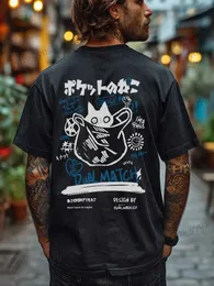 Therts Thirts Hip Hop T-Shirt Men Women streetwear اليابانية Kanji Cat Print Tirt 2024 Harajuku Cotton Discual Shirt Tops Tops T240124