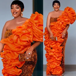 2024 ASO EBI SHEATE ORANGE Robe de bal One épaule paillette sexy soirée Fête formelle Deuxième réception Robes de fiançailles d'anniversaire Robe de Soiree ZJ62