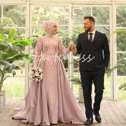 Роскошные мусульманские розовые свадебные платья с верхней юбкой и шлейфом Принцесса Дубай Арабские аппликации Кружева с длинными рукавами Марокканские свадебные платья Элегантное платье турецкой невесты 2024