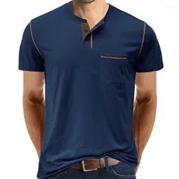 Homens camisetas Mens Moda Henley Manga Curta 2024 Verão Clássico V-Pescoço Botão T-shirt de Algodão com Bolso Estilo Simples