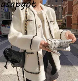 Asapgot Cappotto in maglione di cashmere visone bianco Donna Autunno Inverno Stile pigro Coreano Retro Nero Allentato O Collo Cardigan lavorato a maglia Moda 22902326