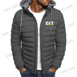 Jaquetas masculinas 2023 outono inverno gato Caterpillar impressão cor sólida espessada solta casaco popular chapéu destacável na moda jaquetas acolchoadas T240124