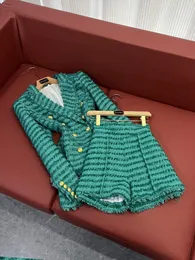 2024 Spring Green Solid Color Tassel Fringe Two Piece Tracksuits Set Long Sleeve hacked-Lapel Tweed Double-Breasted Blazers + Shorts Set Two Piece Suits O4J192697