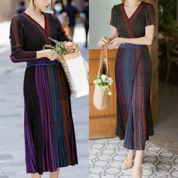 Colorful Knitted Slim Dress Vneck Gold Silk Contrasting Long-sleeved Short-sleeved Slit High Waist Pleated Gradient Waist Cross Fold Collar Skirt For Woman FZ0051