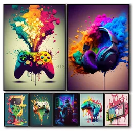 Obrazy Kolorowy neonowy Neon Gamer Controller Poster Plakat Fantasy Słuchawki eSports Gaming Wall Art Paint
