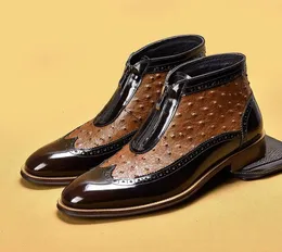 Мужские итальянские деловые модельные туфли со страусиной текстурой, вечерние свадебные туфли ручной работы из натуральной кожи, модные лоферы, туфли с острым носком на молнии, формальные офисные туфли