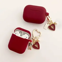 حالات الهاتف الخليوي ، Lear Love Rose Keyring for AirPods 1 2 Case Wine Red Earphone Protection Case for AirPods Pro 3 Casephone Case