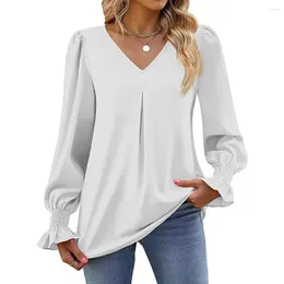 Blusas femininas Mulheres V-Pescoço Camisa Ruched Cuff Blusa Chic Bolha Manga Para Suave Elegante Commuting No Outono Primavera