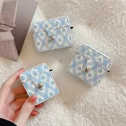 Cell Phone Cases Korea Rhombus lattice Blue Flowers Snap-on Leather Earphone Case For Airpods 1 2 Pro Wirless Charging Box Cover For Airpods 3