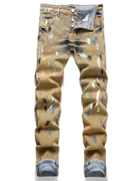 Retro gula mäns magra jeans Slim-Fit Stretch Paint Inkjet Denim Pants Spring Autumn Hip Hop Estressed Streetwear