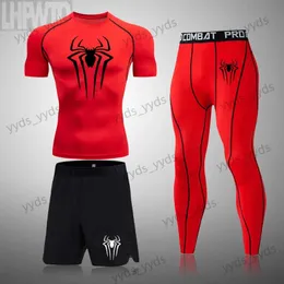 Erkek Trailtsits Erkekler süper kahraman koşu seti vücut geliştirme spor t-shirt hızlı kuru kısa kolu sıkıştırma spor salonu takım elbise erkek fitness sıkı rashgard t240124