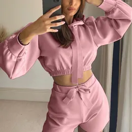 Women's Tracksuits Aesthetic Sports Suits Fashion Casual Solid Color Hooded Jogger Sets Sexy Sweet Y2k Crop Sweatshirt High Waist Shorts