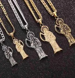 316L Paslanmaz Çelik Kutsal Aziz Ölüm Santa Muerte Kolye 9mm Zincir Men039S Kolye Altın Tonu Diy Takı Yapım204173185